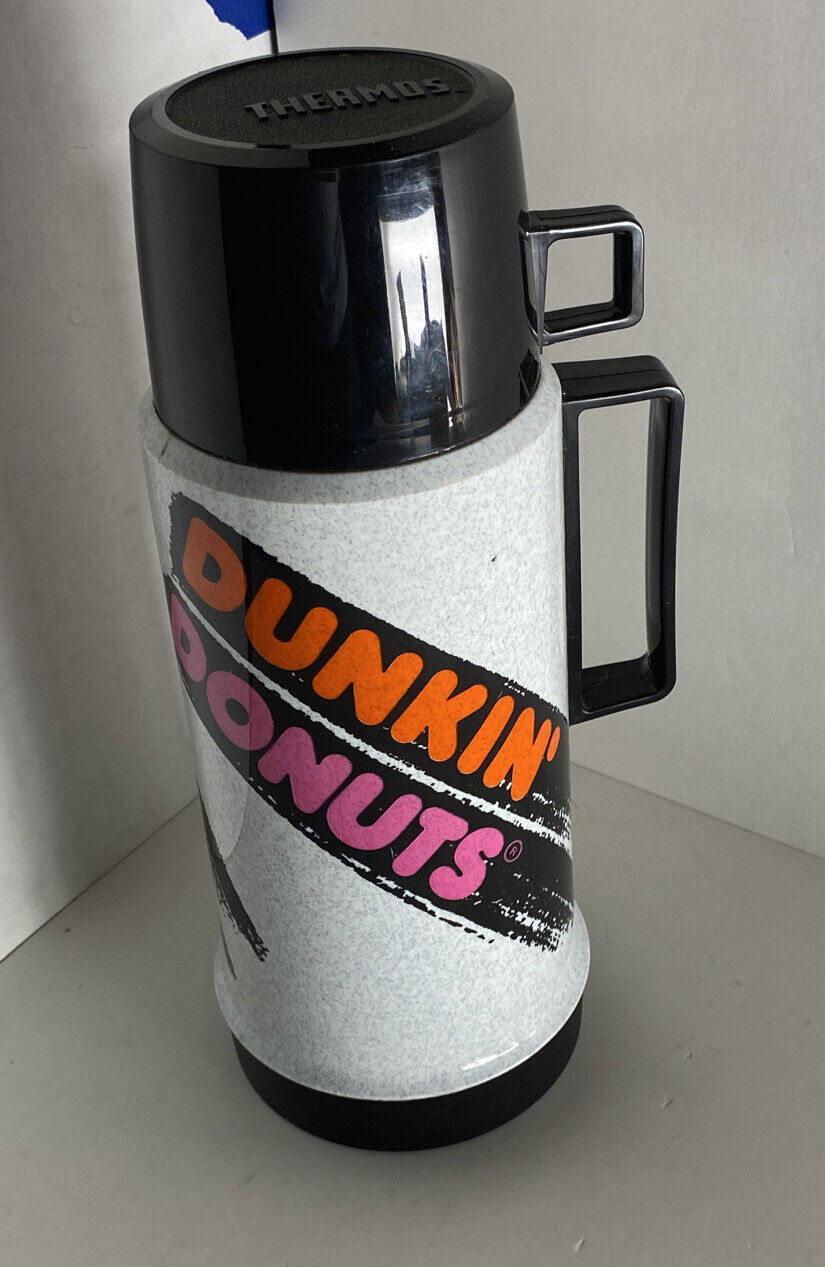 DUNKIN\' DONUTS Black & White Thermos With Cup Mug Vintage