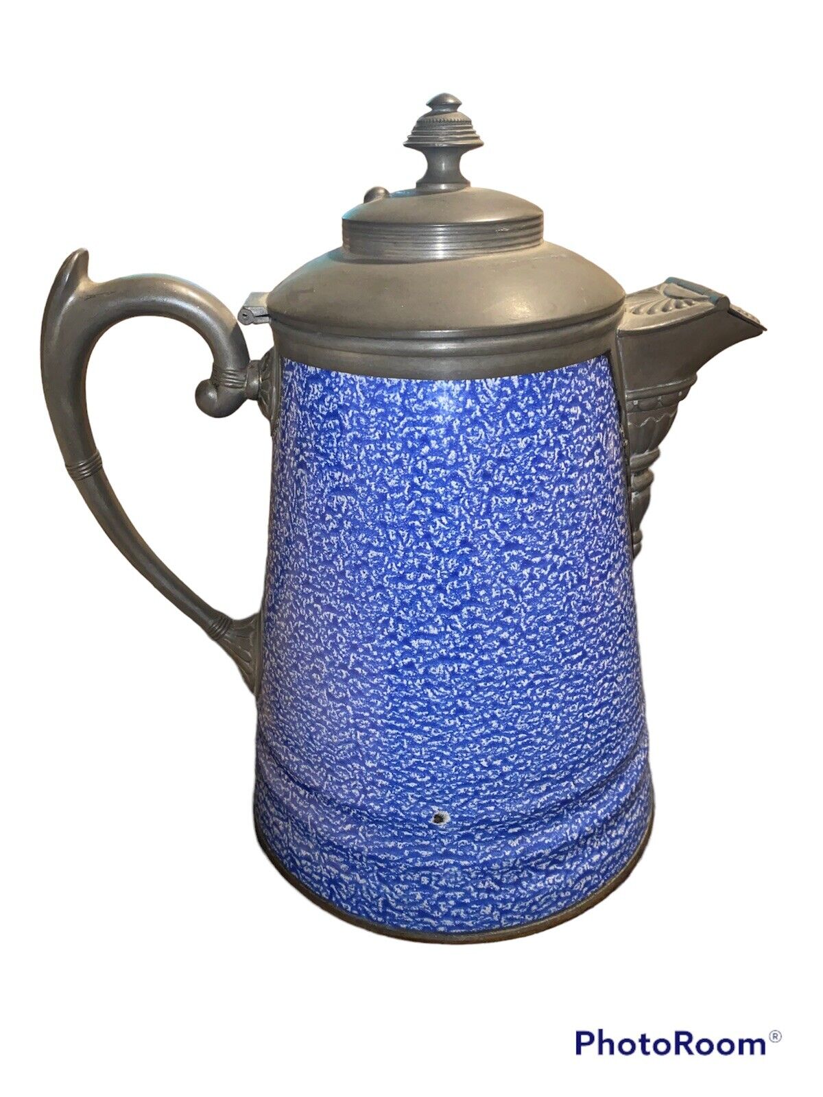 Antique Manning Bowman & Co Granite Ware Pewter Blue Coffee Pot Dec 24, 1895 Pat