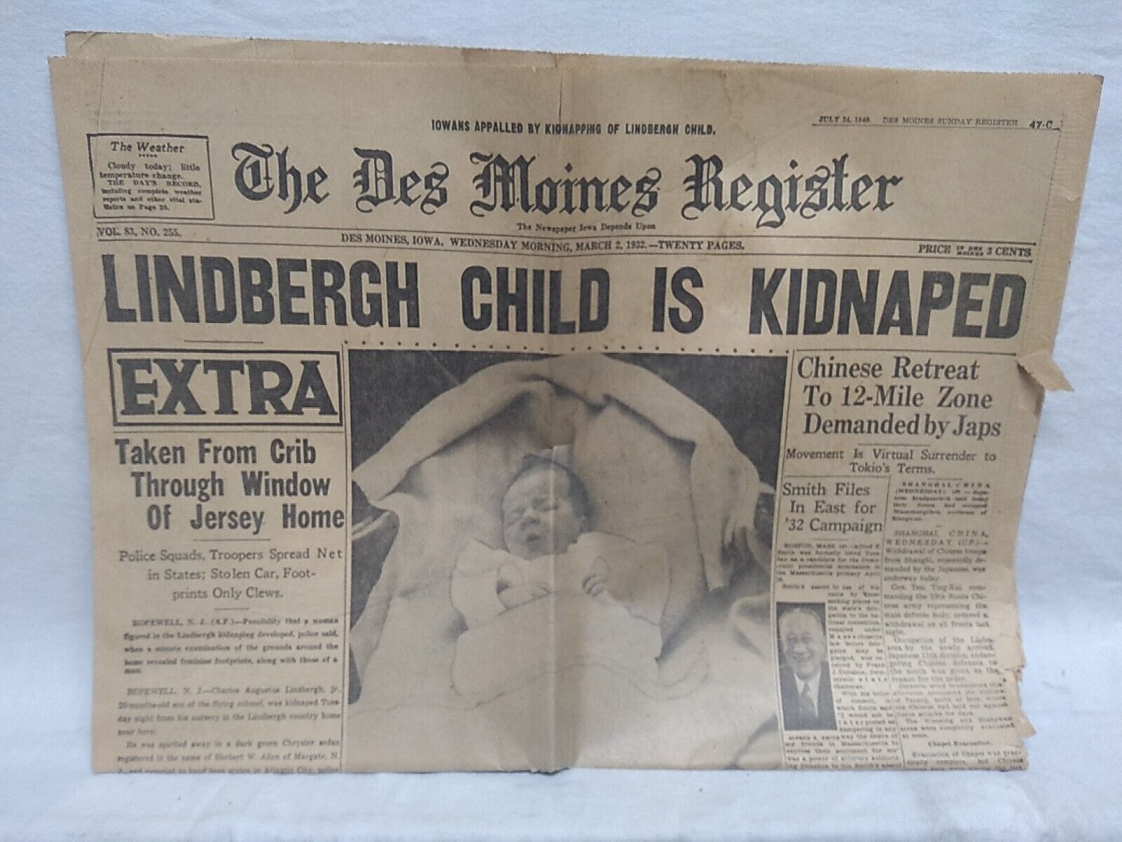 1930\'s Newspaper Headlines July 24,1949 Des Moines Register Lindbergh Kidnapping