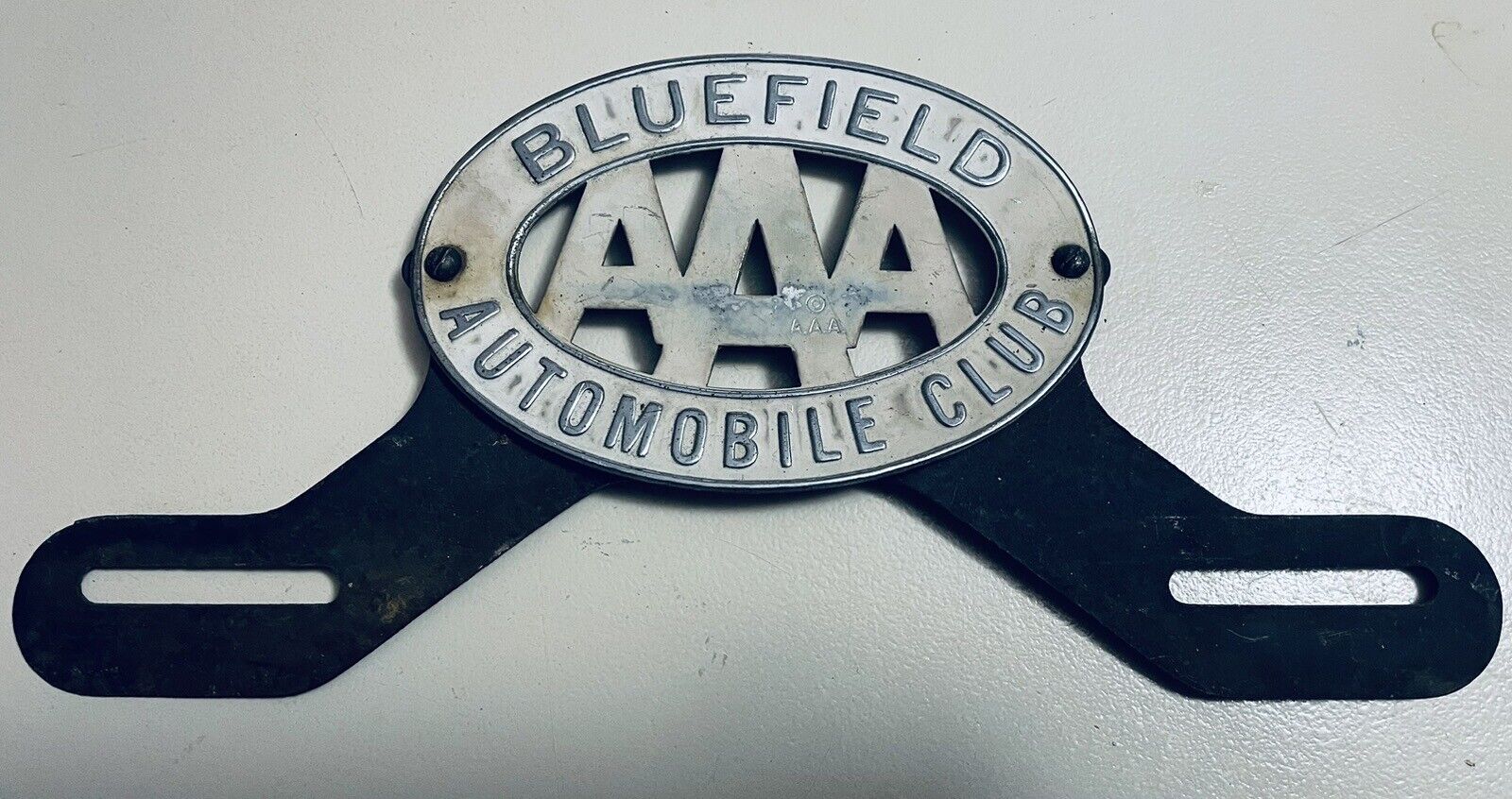 Vintage AAA Bluefield West Virginia Motor Club License Plate Topper w/ Bracket