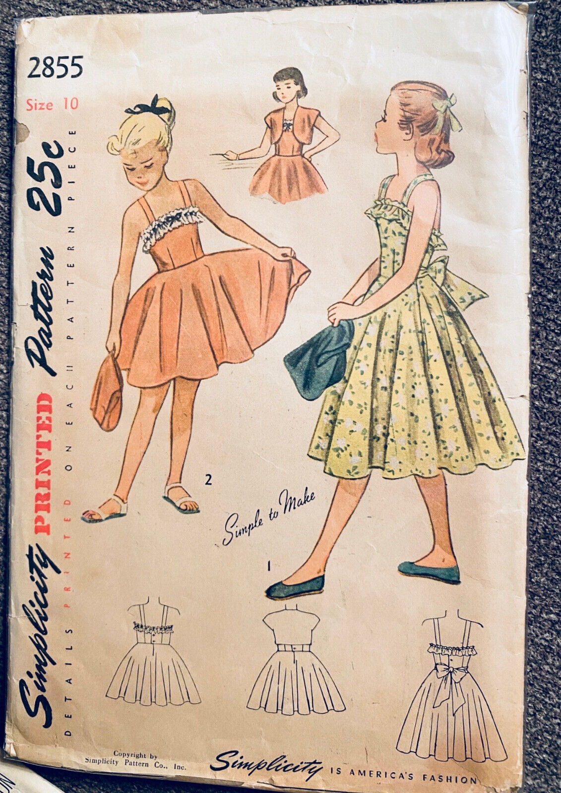 Vintage 1949 UNCUT Simplicity Girl\'s Sundress w/Bolero Pattern #2855 Sz 10