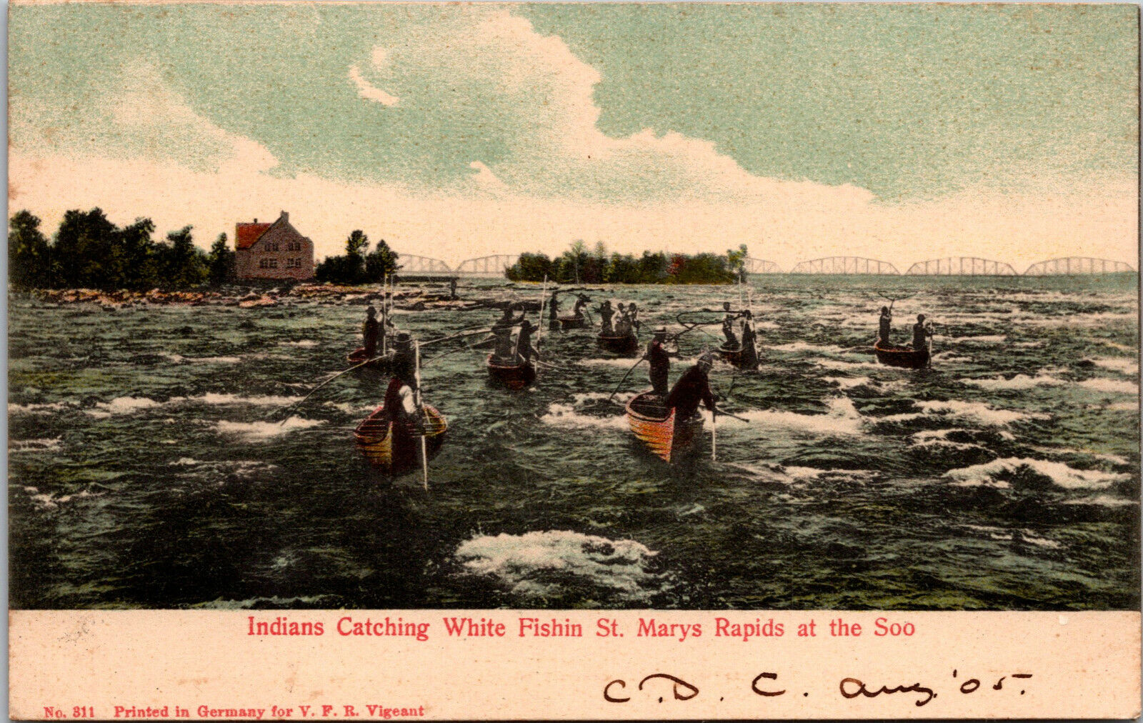 Vtg 1905 Indians Catching White Fish St Marys Rapids at Soo Michigan MI Postcard