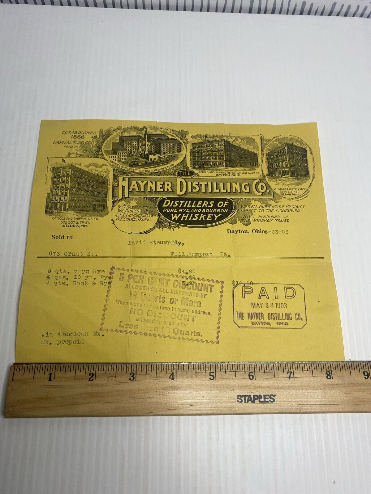Receipt Of Sale Hayner Distilling Co. Rye Burbon Whiskey 1903