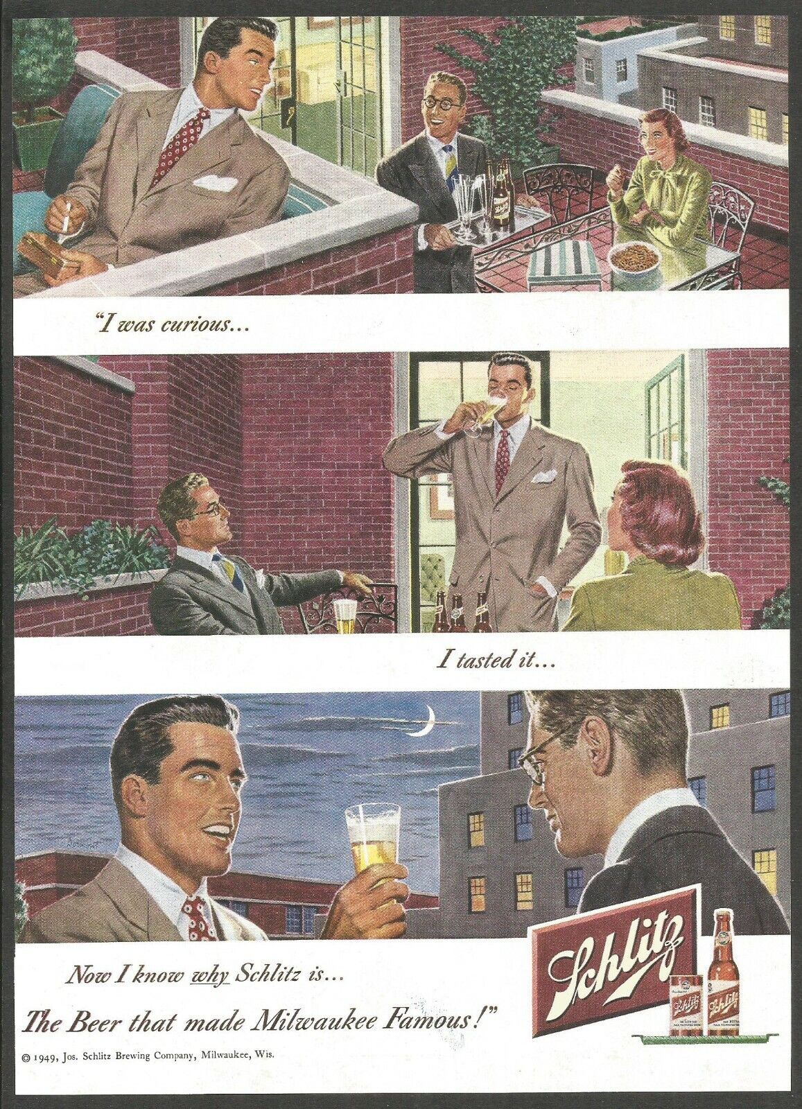 SCHLITZ Beer - 1949 Vintage Print Ad