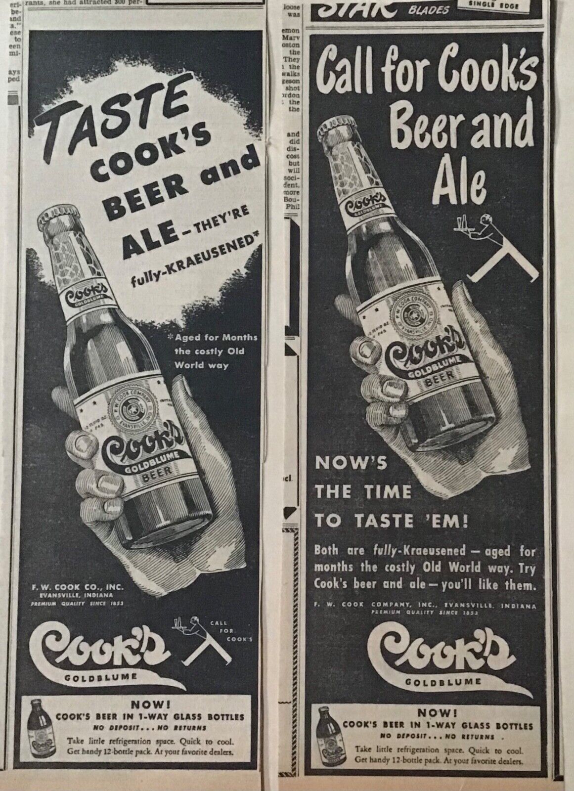2 large 1948 newspaper ads for Cook\'s Beer & Ale - They\'re fully-KRAUSENED, aged