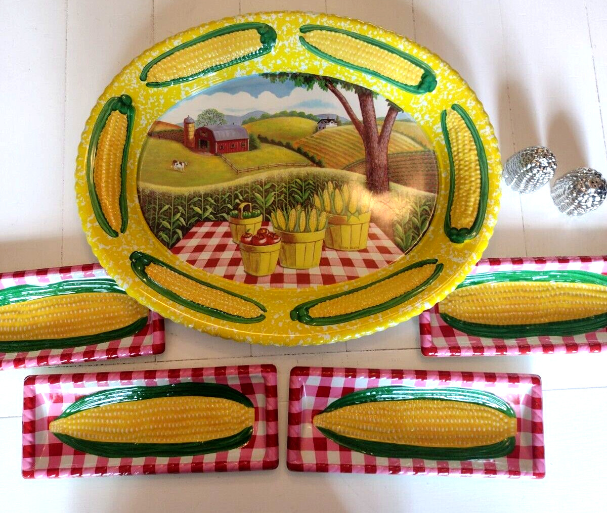 Corn on the Cob Serving Set Platter Trays Salt and Pepper Shakers
