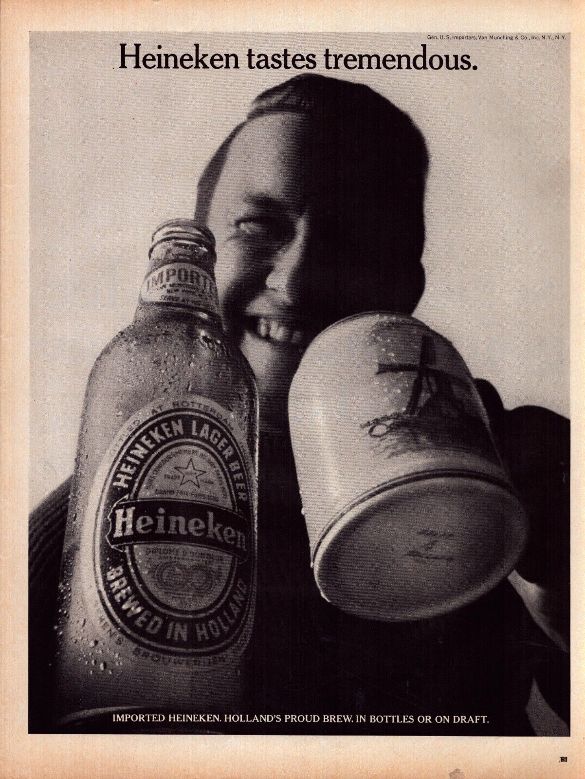 1967 Heineken Beer Print Ad Tastes Tremendous Holland Windmill Mug