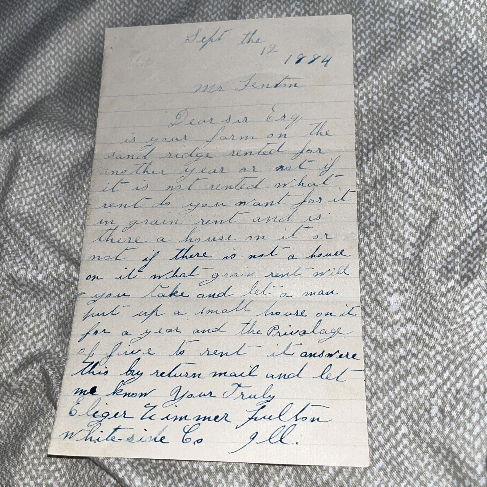 1884 Antique Fulton Illinois Letter Requesting Information On Farm Grain Rental