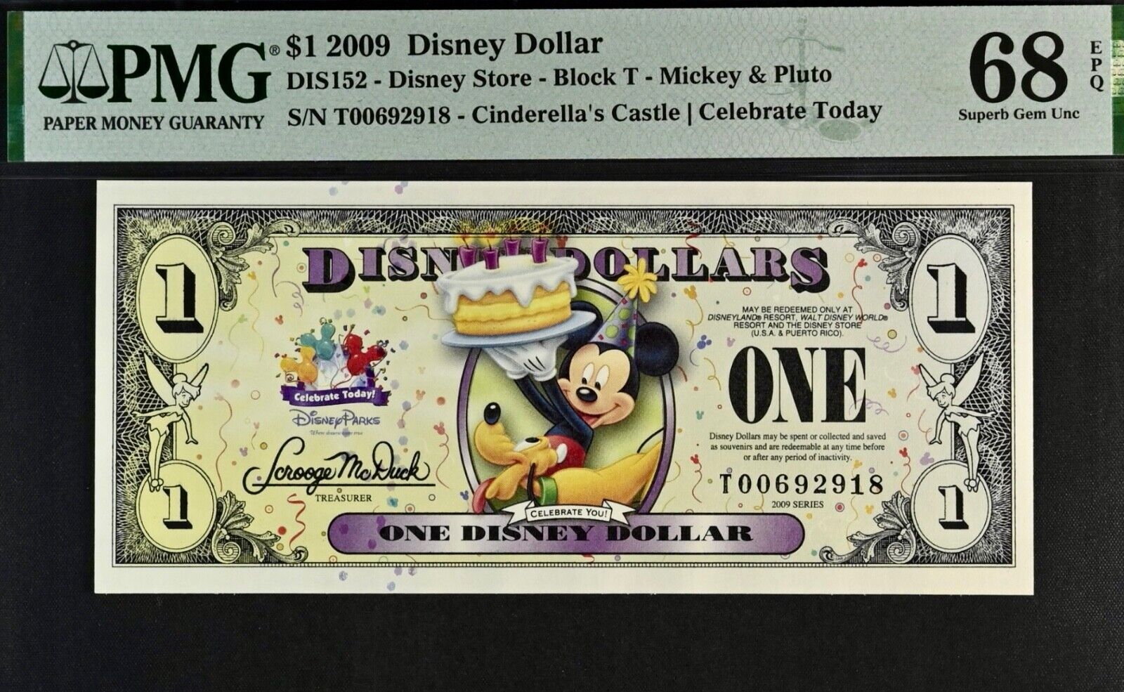 2009 $1 Disney Dollar Mickey & Pluto PMG 68 Superb Gem Unc EPQ DIS 152 T00692918