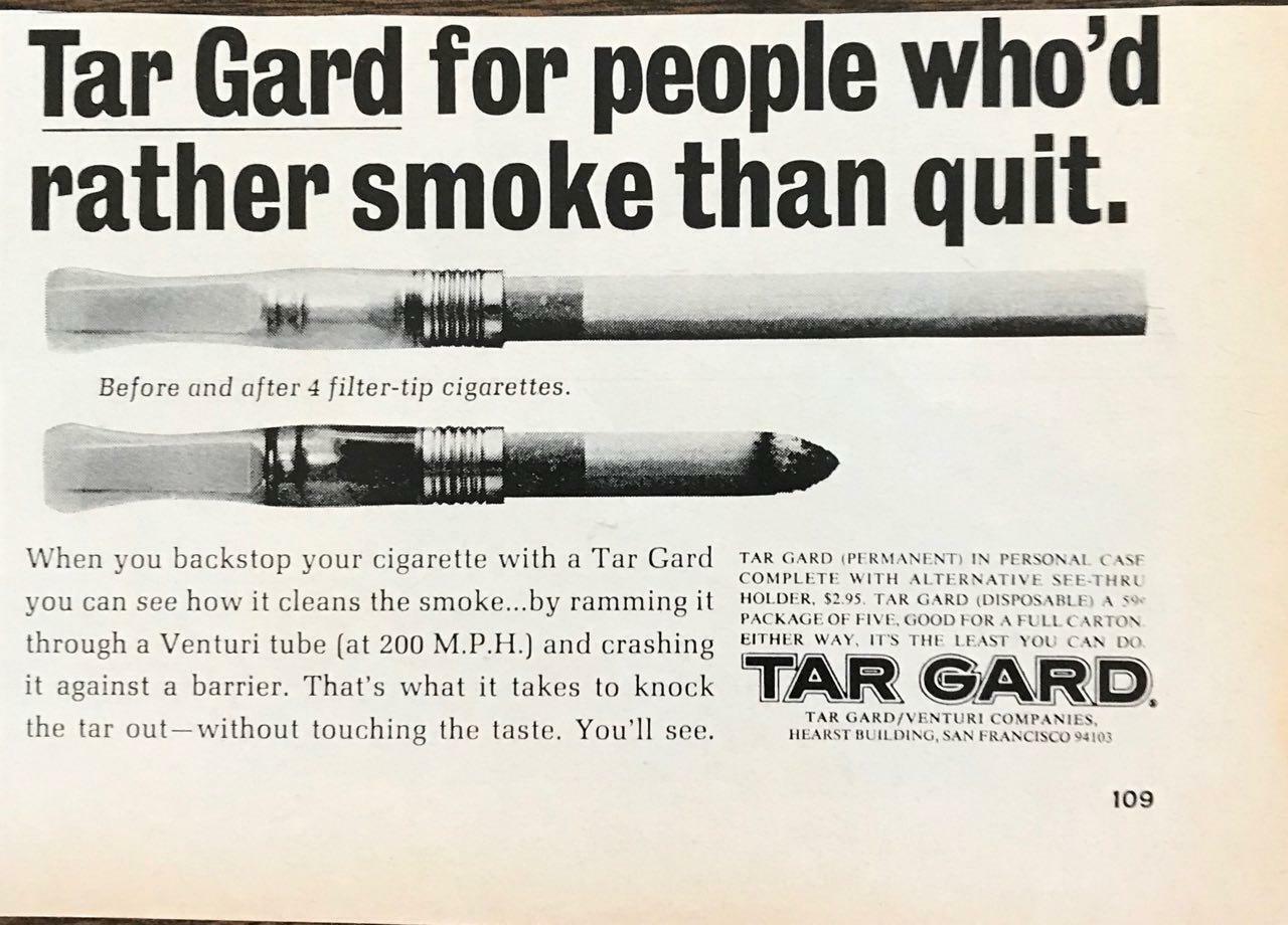 1968 Tar Gard Cigarette Filter PRINT AD For People Who\'d Rather Smoke Than Quit
