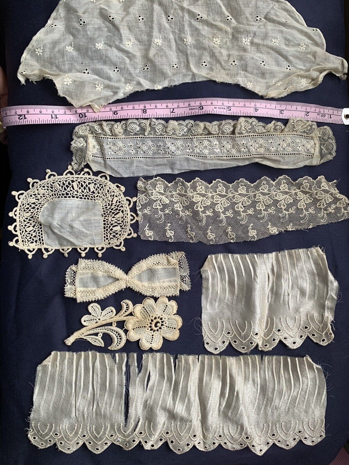 Antique lace textiles trim mixed lot dress doll elements 19c Vintage VICTORIAN