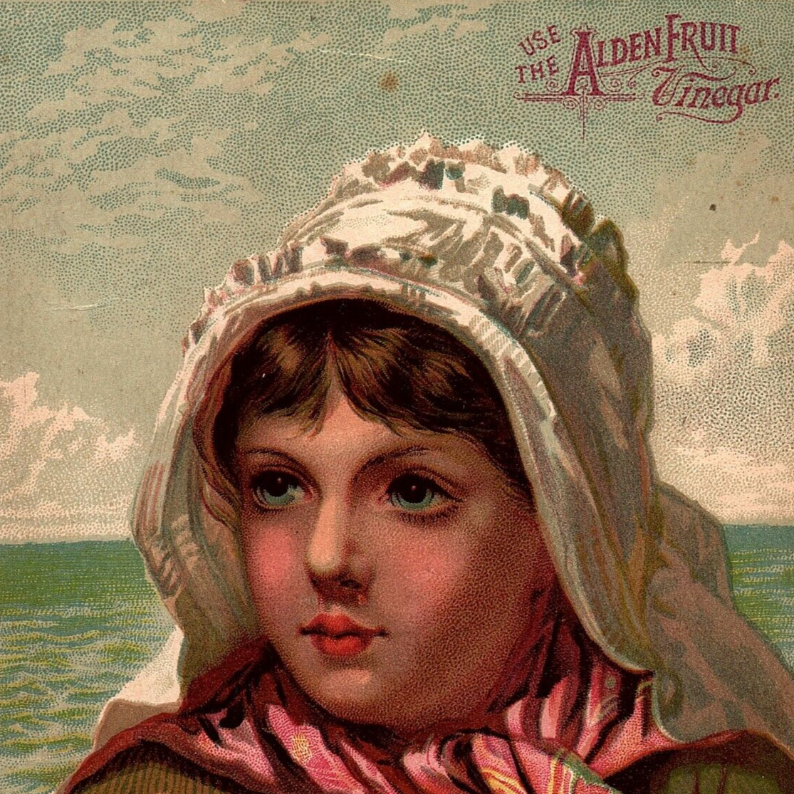 c.1890 Alden Fruit Vinegar Trade Card JK McIntire Dayton OH Bonnet Girl Seaside