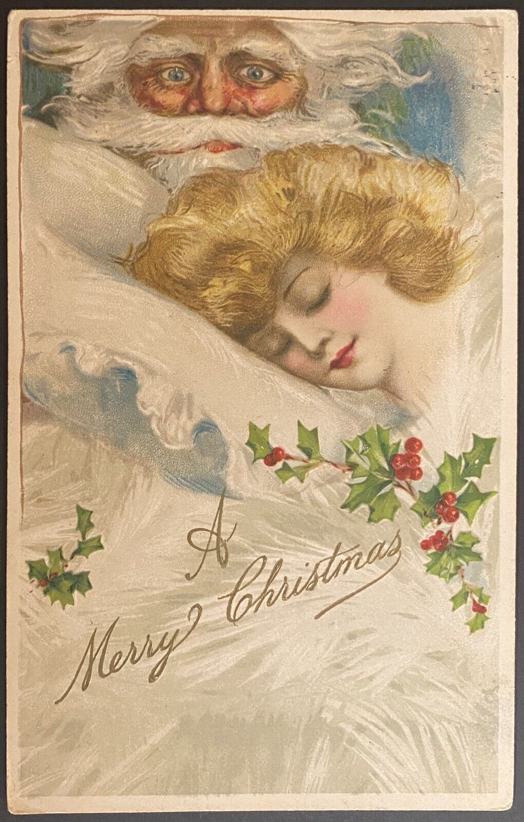 Samuel Schmucker Christmas Postcard~Santa Claus Watches Sleeping Blond Beauty