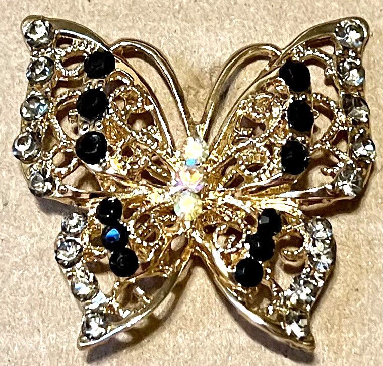 Gorgeous Lg  Gold Metal 3D BUTTERFLY Realistic Button w Many Rhinestones 1 7/8”