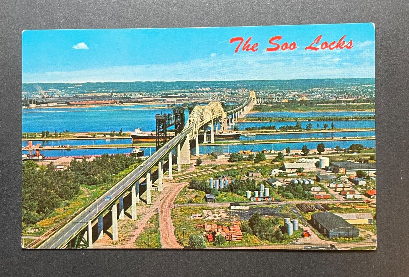 Michigan MI Postcard Soo Locks Sault Ste International Bridge St Mary’s River