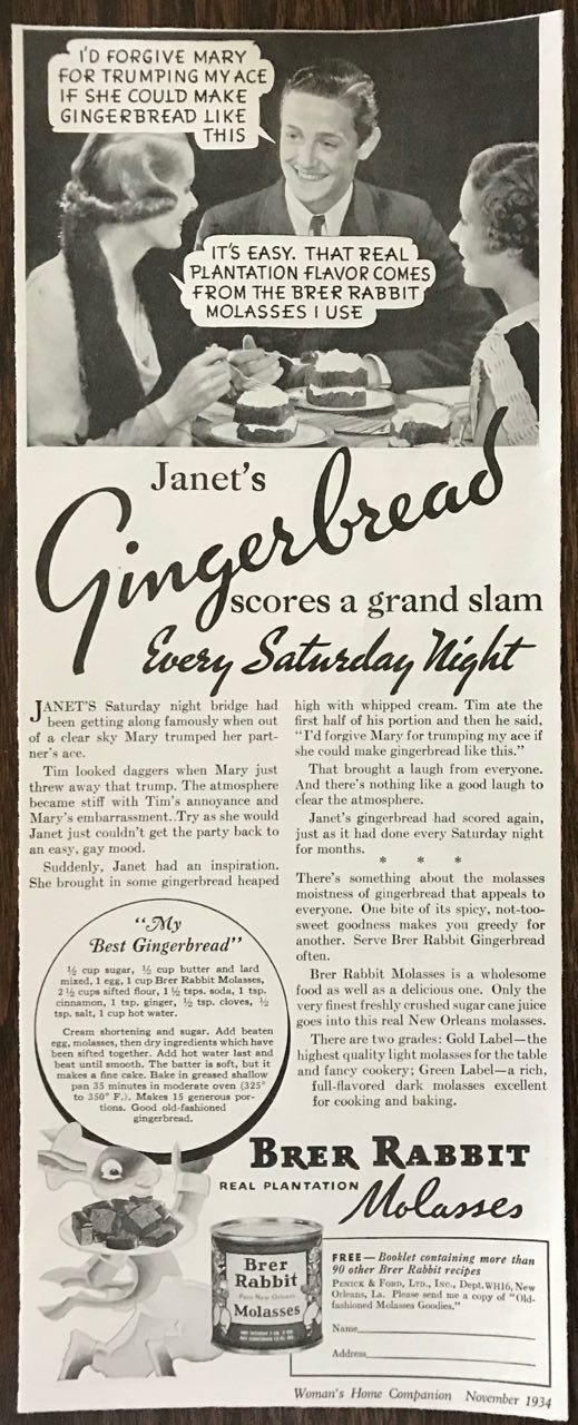 1934 Brer Rabbit Molasses Print Ad Janets Gingerbread Scores a Grand Slam