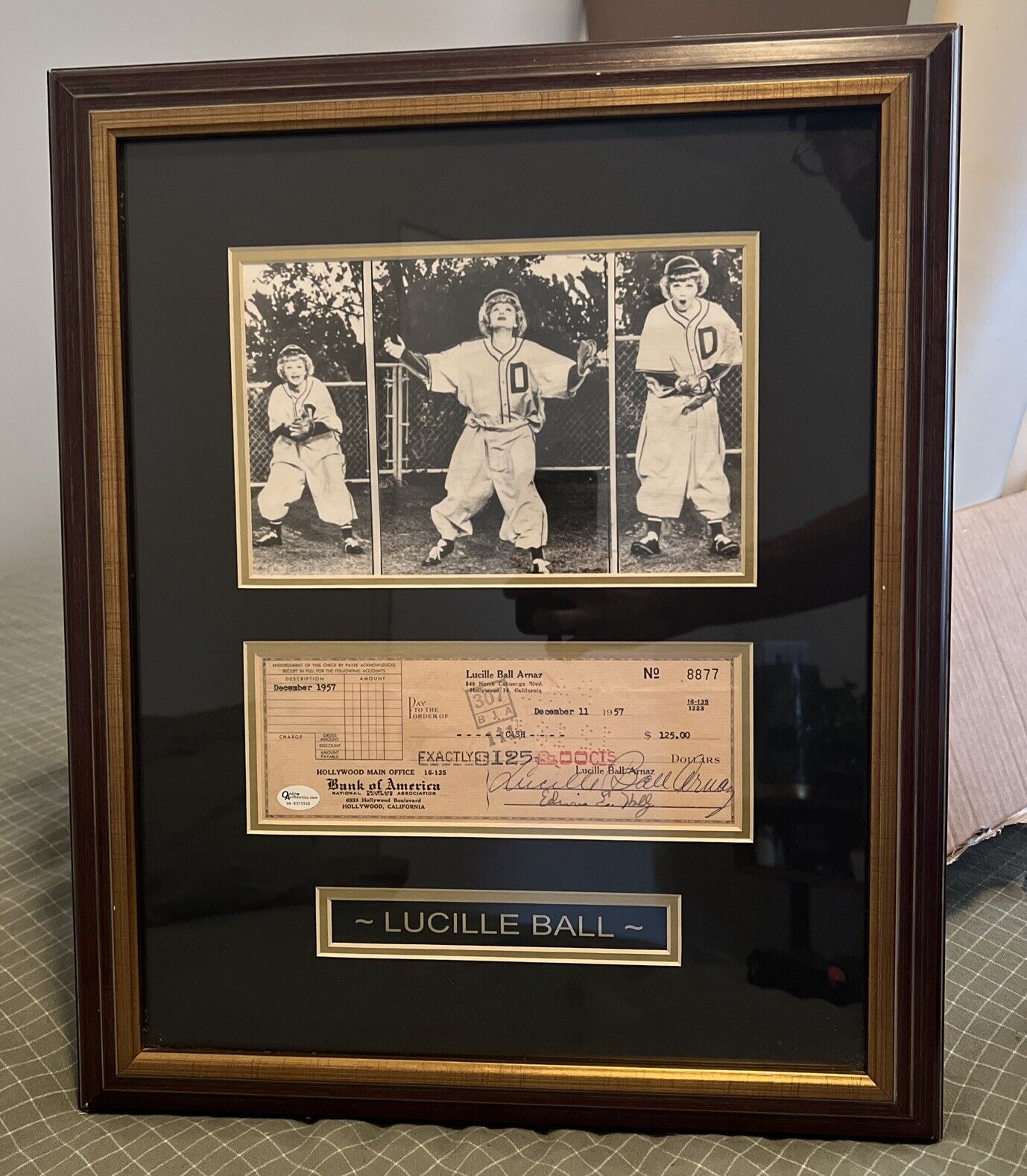 Lucille Ball Signed Check Autograph With COA Framed