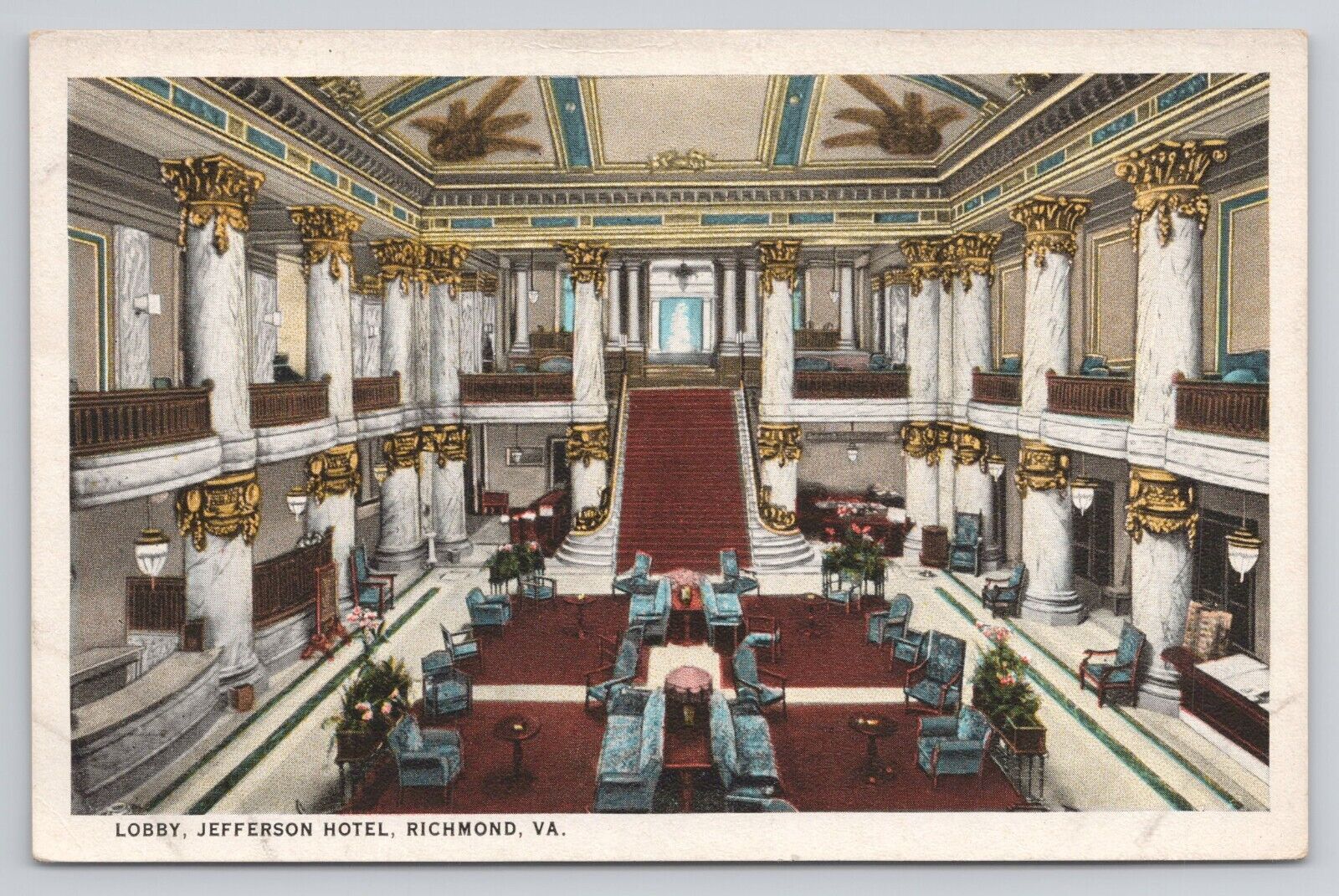 Postcard Lobby Jefferson Hotel Richmond Virginia c1920