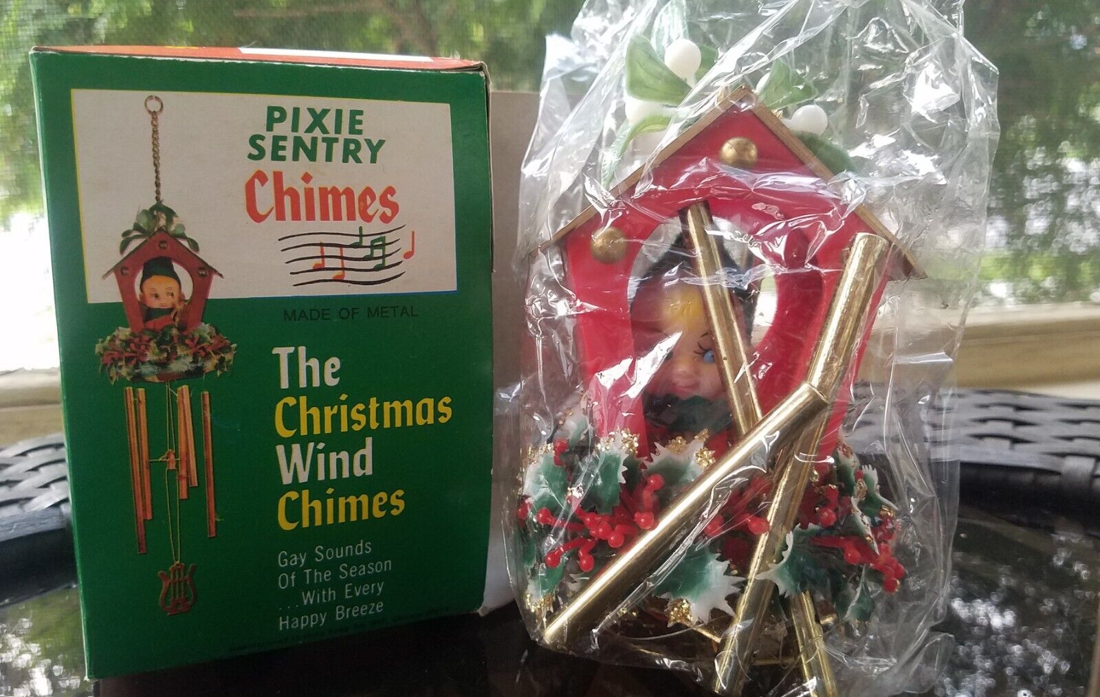 Vintage NOS Pixie Sentry Christmas Wind Chime Original Box Hong Kong Kitsch Elf