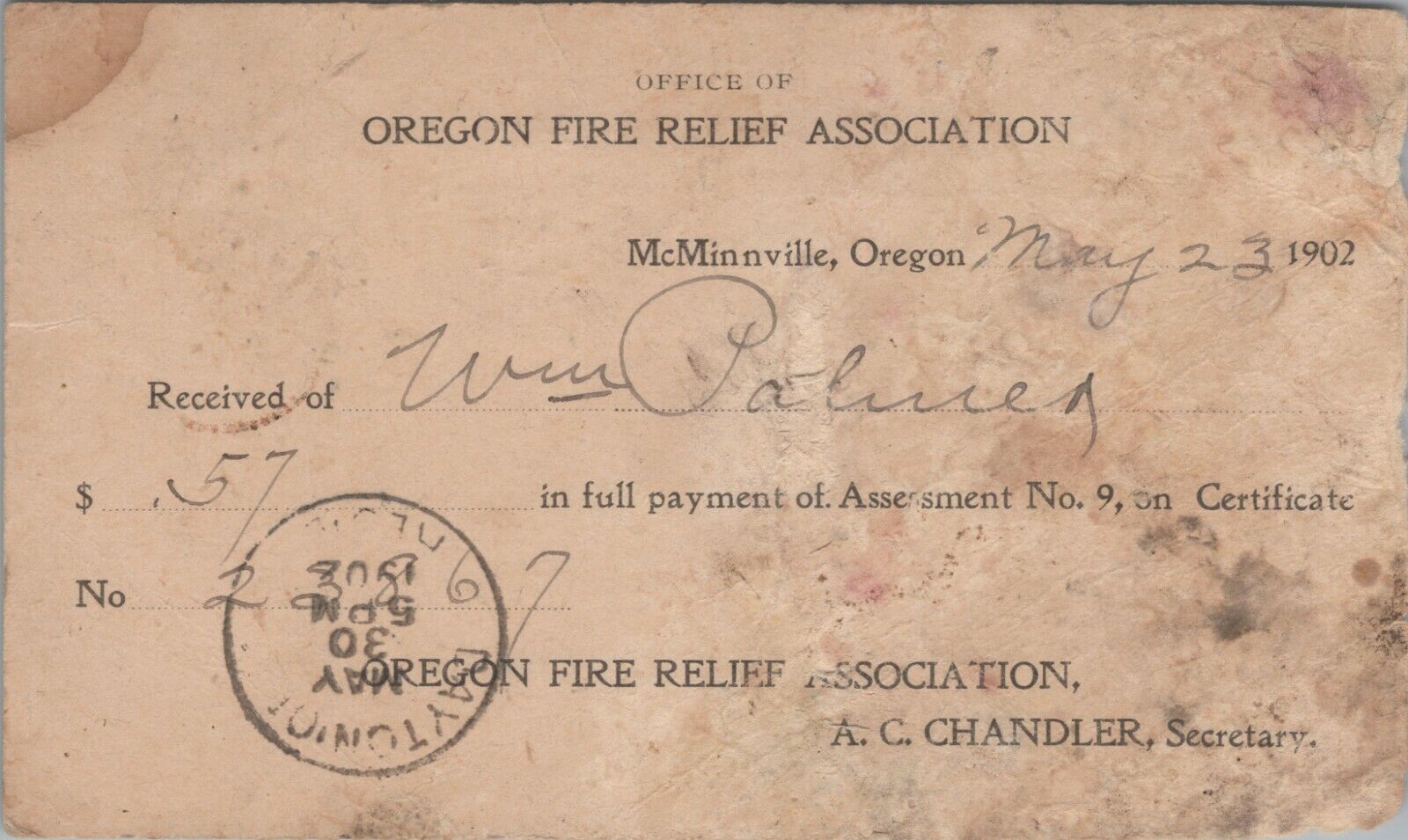 Oregon Fire Relief Association assessment McMinnville 1902 postal card B87