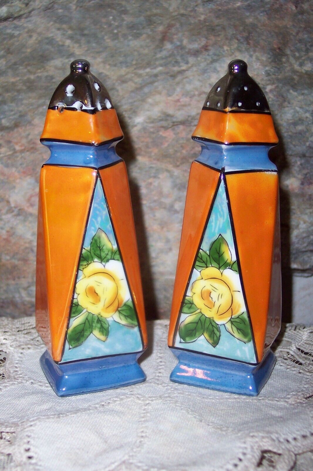 vintage art deco lusterware blue orange flower salt & pepper shakers
