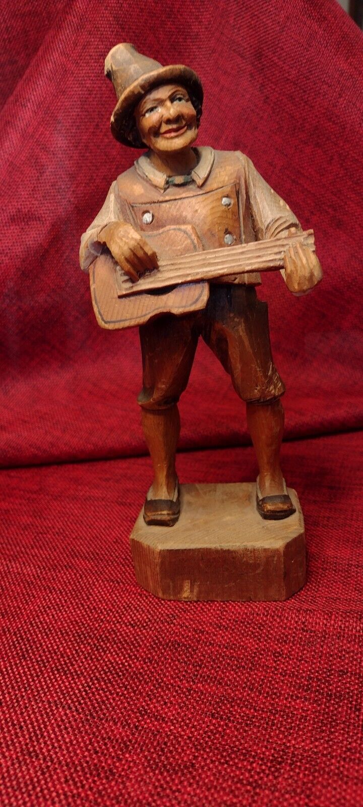 Vintage Hand Carved Wooden Folk Art Guitar Player Figurine. 7.5\