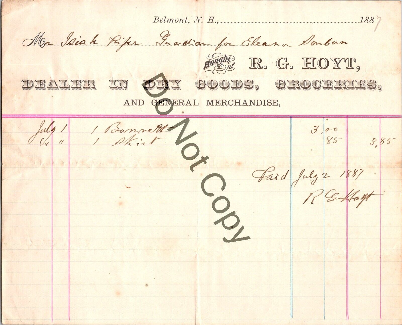 Antique 1889 R G Hoyt Dry Goods General Merchandise Belmont NH Billhead AS38