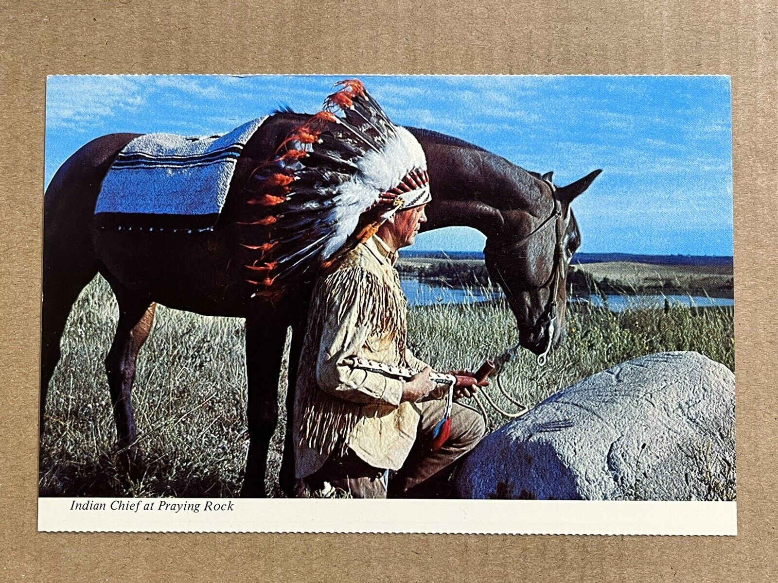 Postcard Native Americana Indian Chief At Praying Rock Horse Headdress Vintage