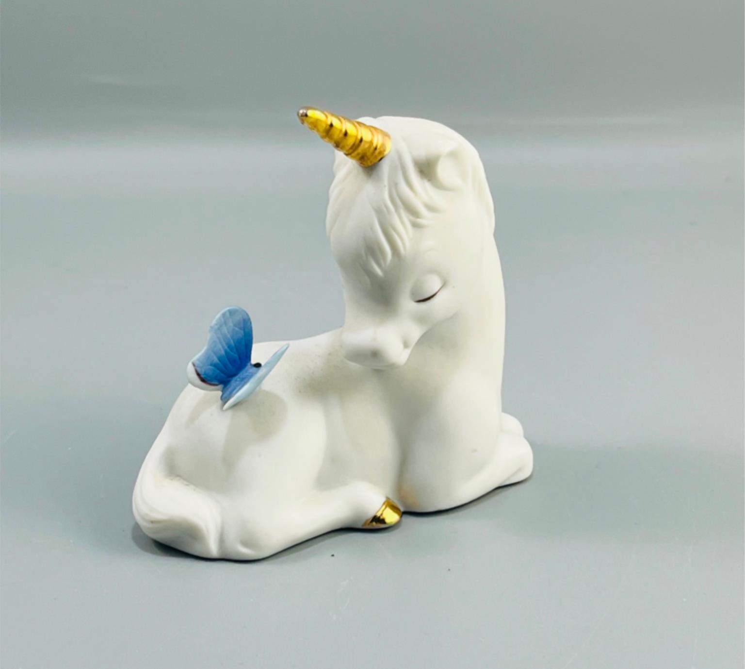 Vintage Enesco Porcelain Unicorn w/ Blue Butterfly Figurine 3.5\