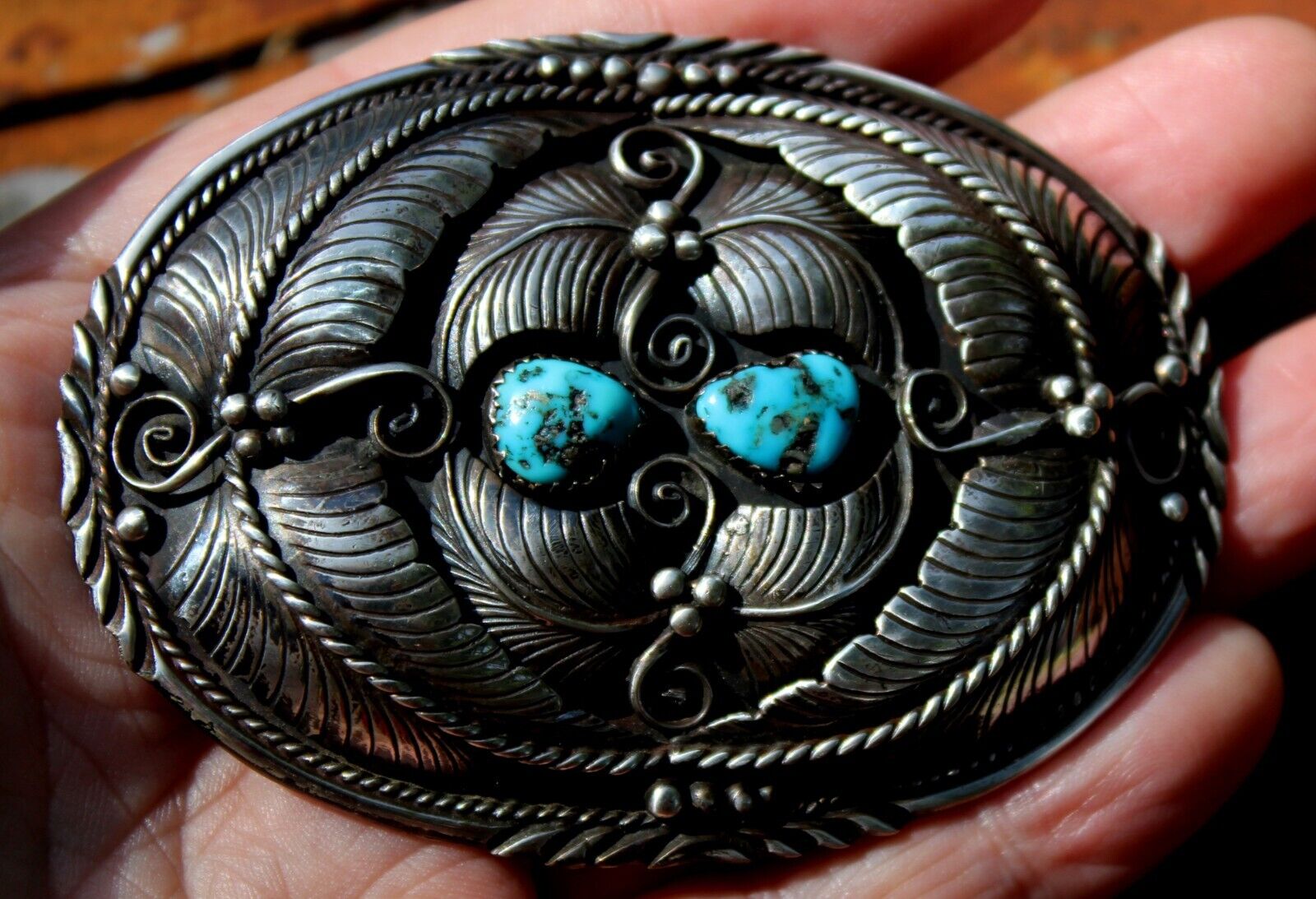 Large Old Pawn Navajo Sterling Silver & Blue Morenci Turquoise Stone Belt Buckle