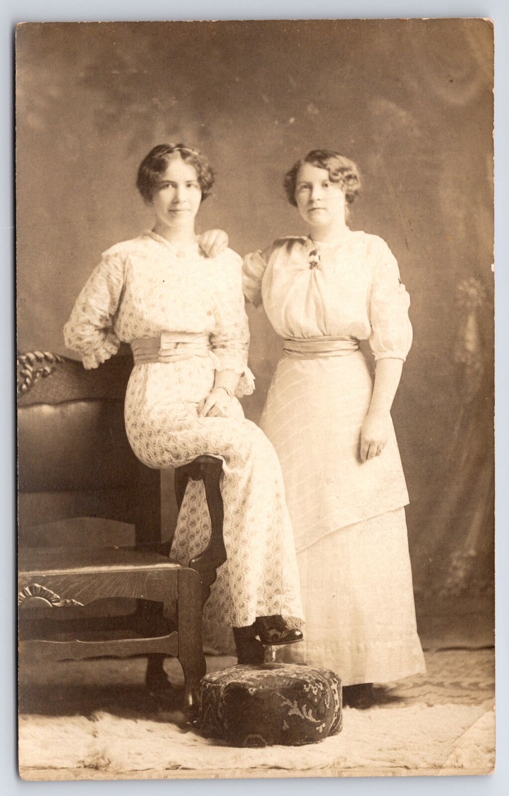 Real Photo Postcard~2 Pretty Women Studio Portrait~High Waist Gowns~c1910 RPPC