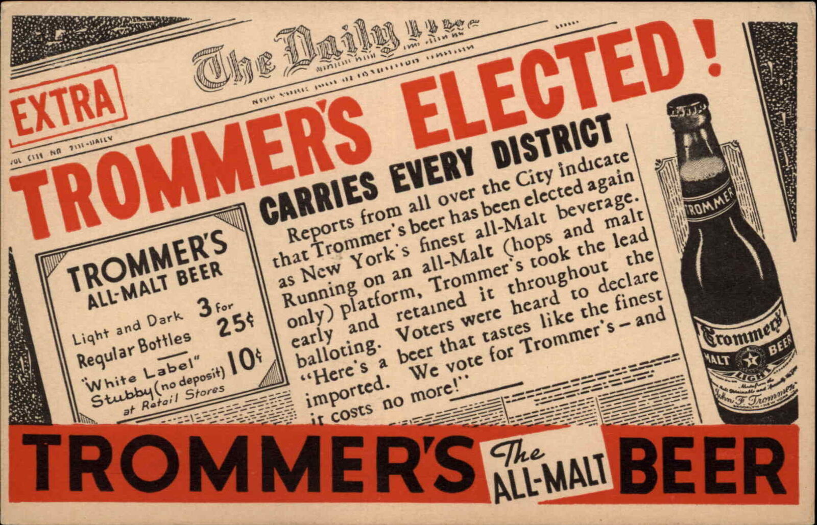 Trommer\'s All-Malt Beer Election Newspaper Headline c1920s-30s Postcard