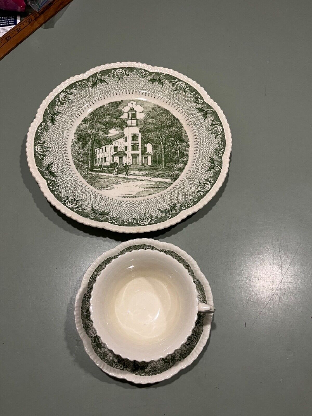 1930s Dartmouth College 10.5” dinner plate & cup saucer College Church