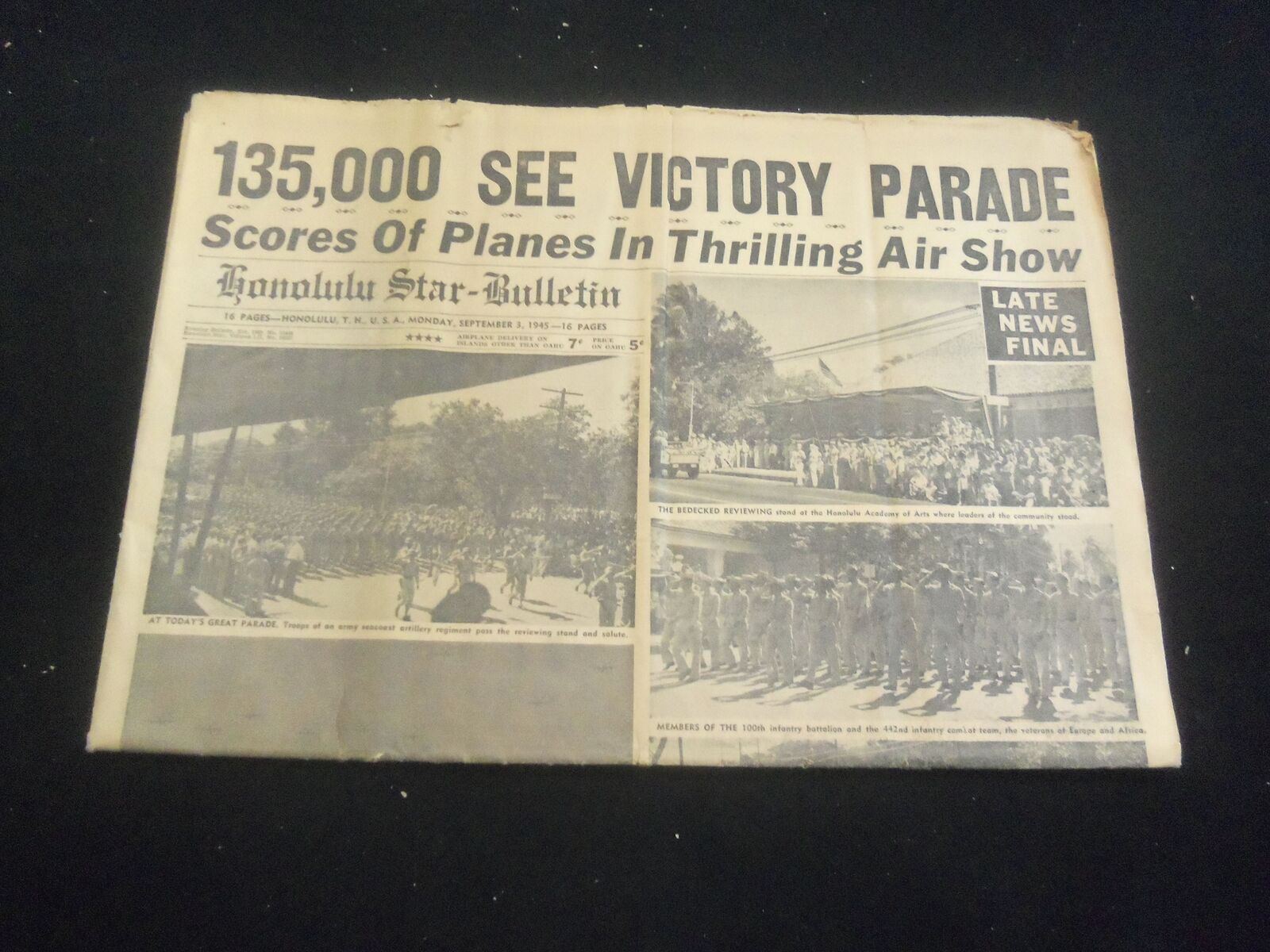 1945 SEP 3 HONOLULU STAR-BULLETIN NEWSPAPER -135,000 SEE VICTORY PARADE- NP 5728