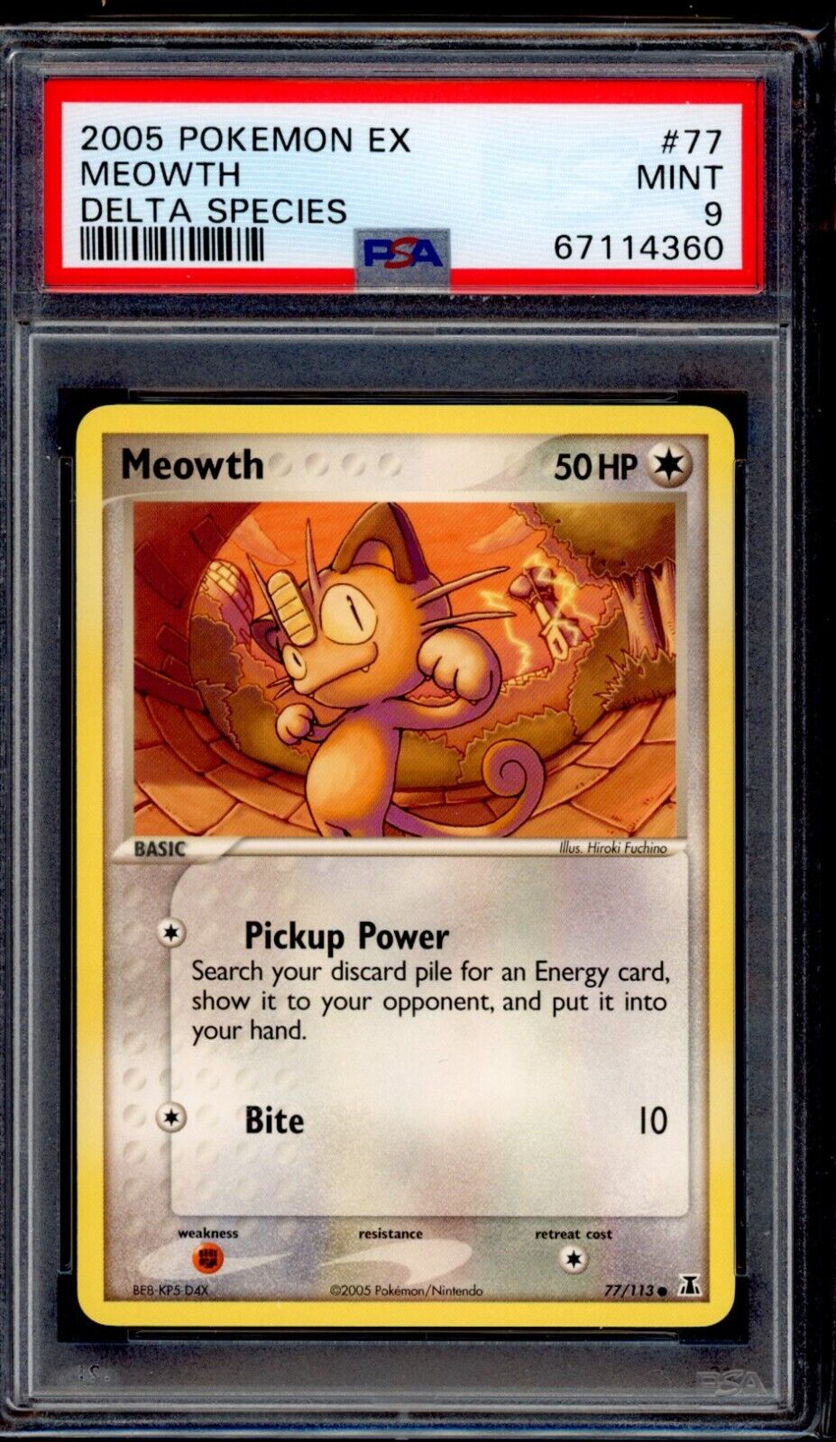 PSA 9 Meowth 2005 Pokemon Card 77/113 Delta Species
