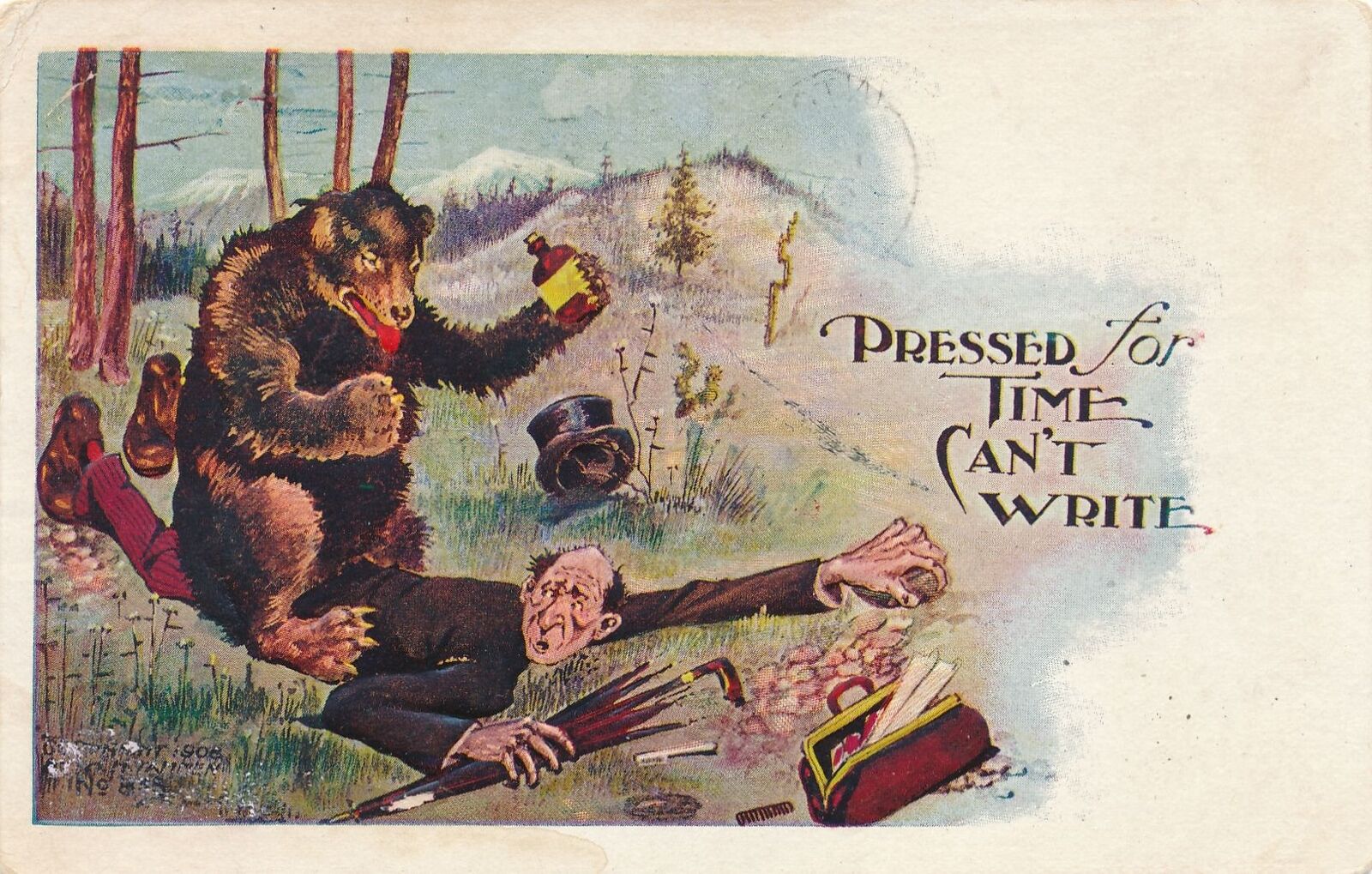 Pressed For Time Can\'t Write Highly Embossed Comic Postcard - 1908