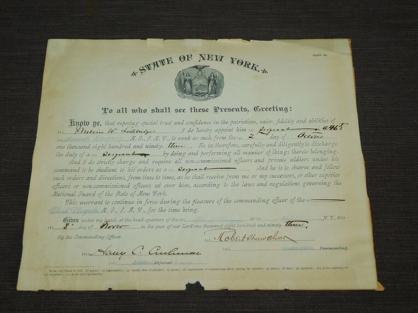 VINTGE MILITARY 1893 NEW YORK STATE NATIONAL GUARD PROMOTION TO SGT CERTIFICATE