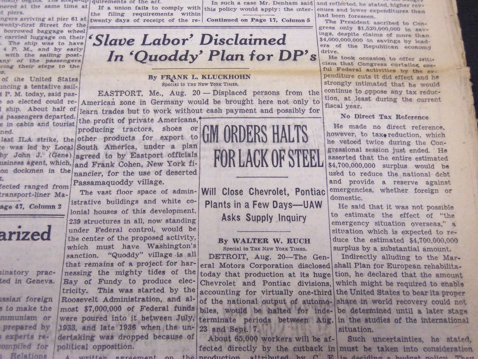 1947 AUGUST 21 NEW YORK TIMES - G. M. ORDERS HALTS FOR LACK OF STEEL - NT 5132