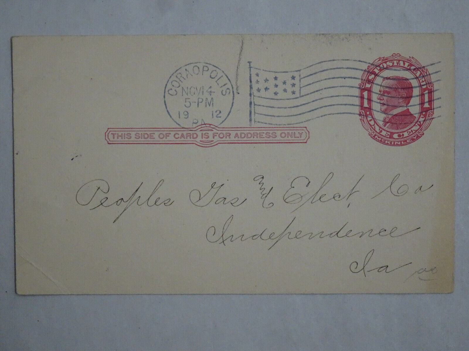 1912 UX24 Postal Card 1c Red McKinley Consolidated Lamp & Glass Co Coraopolis PA