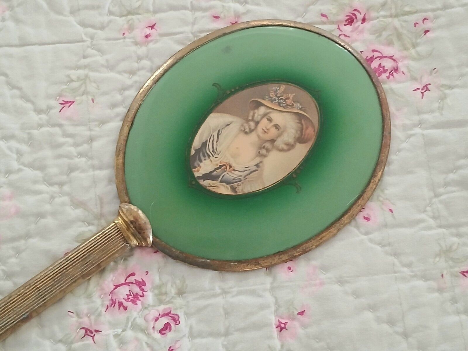 Vintage Victorian Georgian Lady Green Brass & Celluloid Vanity Hand Mirror