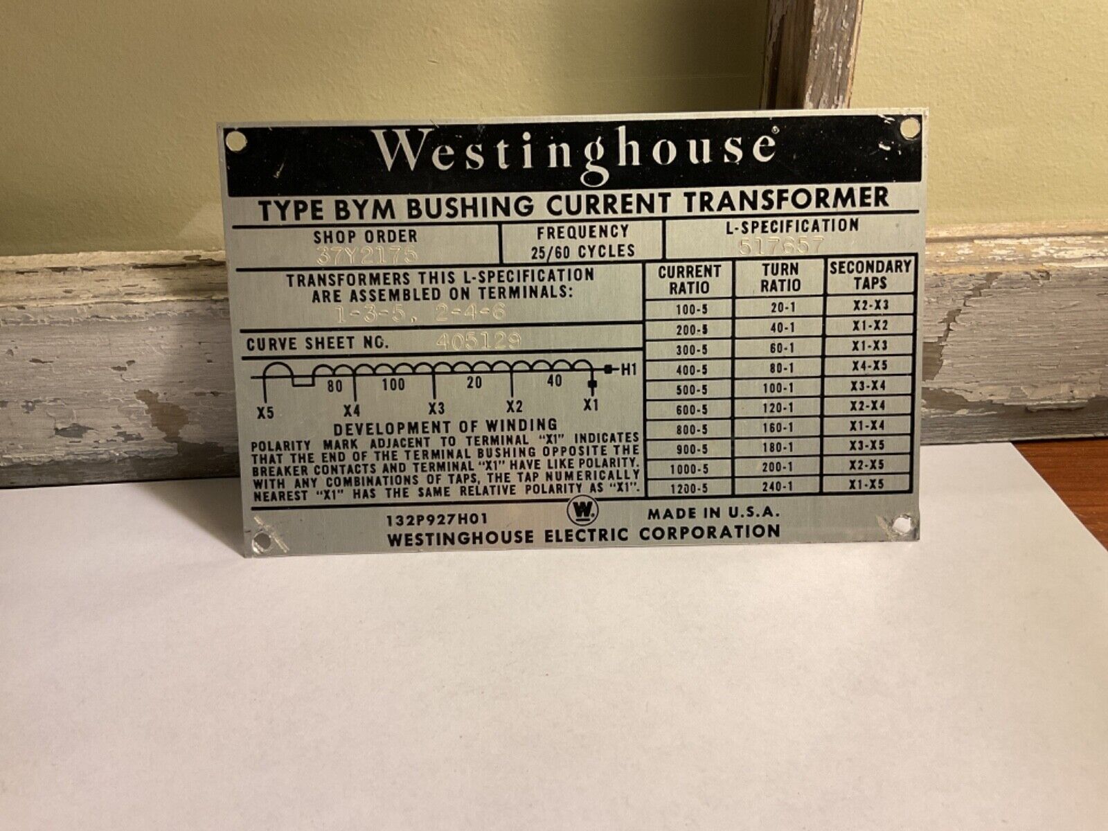 Vintage Original Westinghouse Bushing Current Transformer name plate