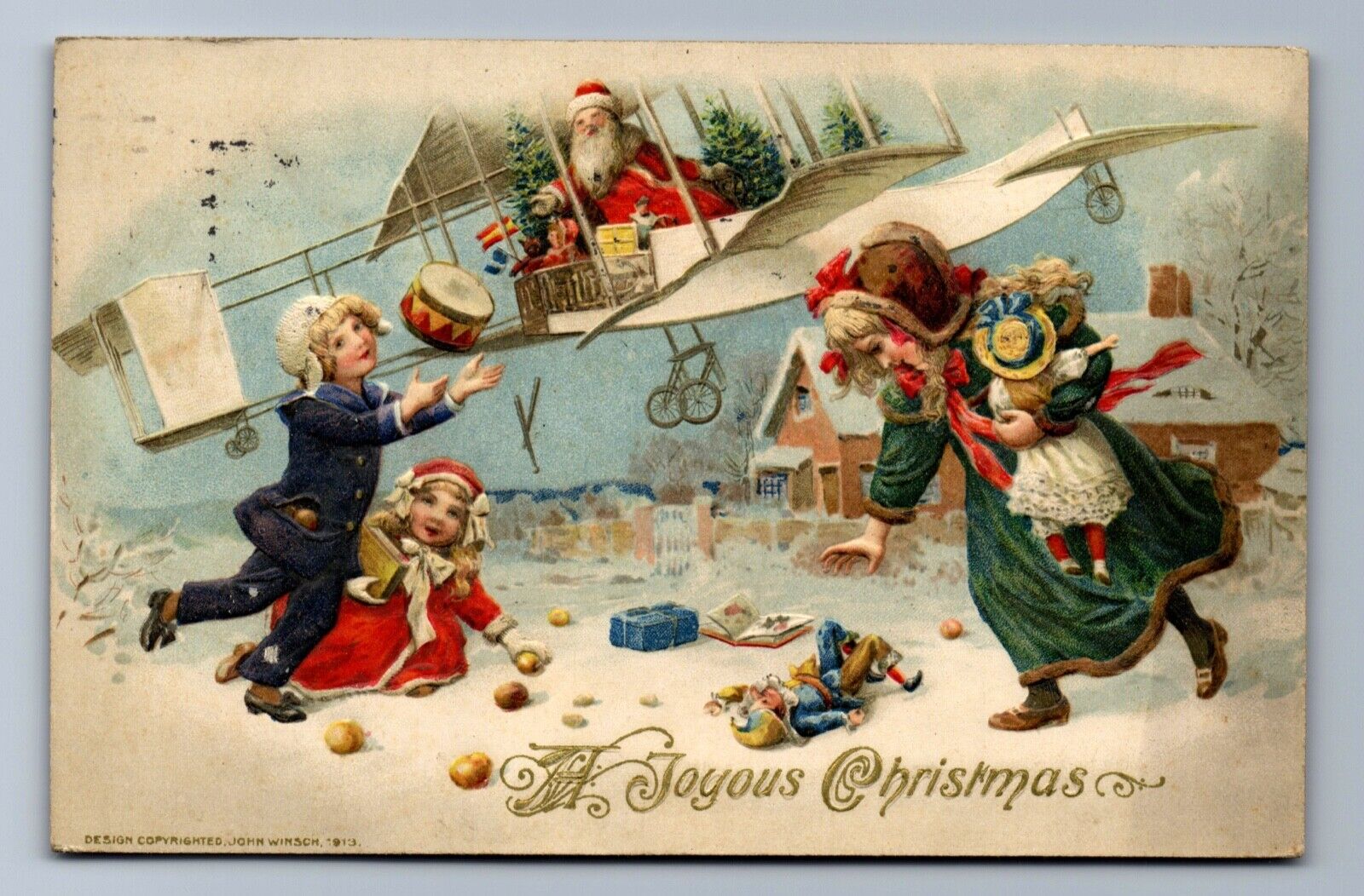 1913 WINSCH SANTA THROWING GIFTS FROM WHITE BIPLANE, CHILDREN XMAS Postcard PS