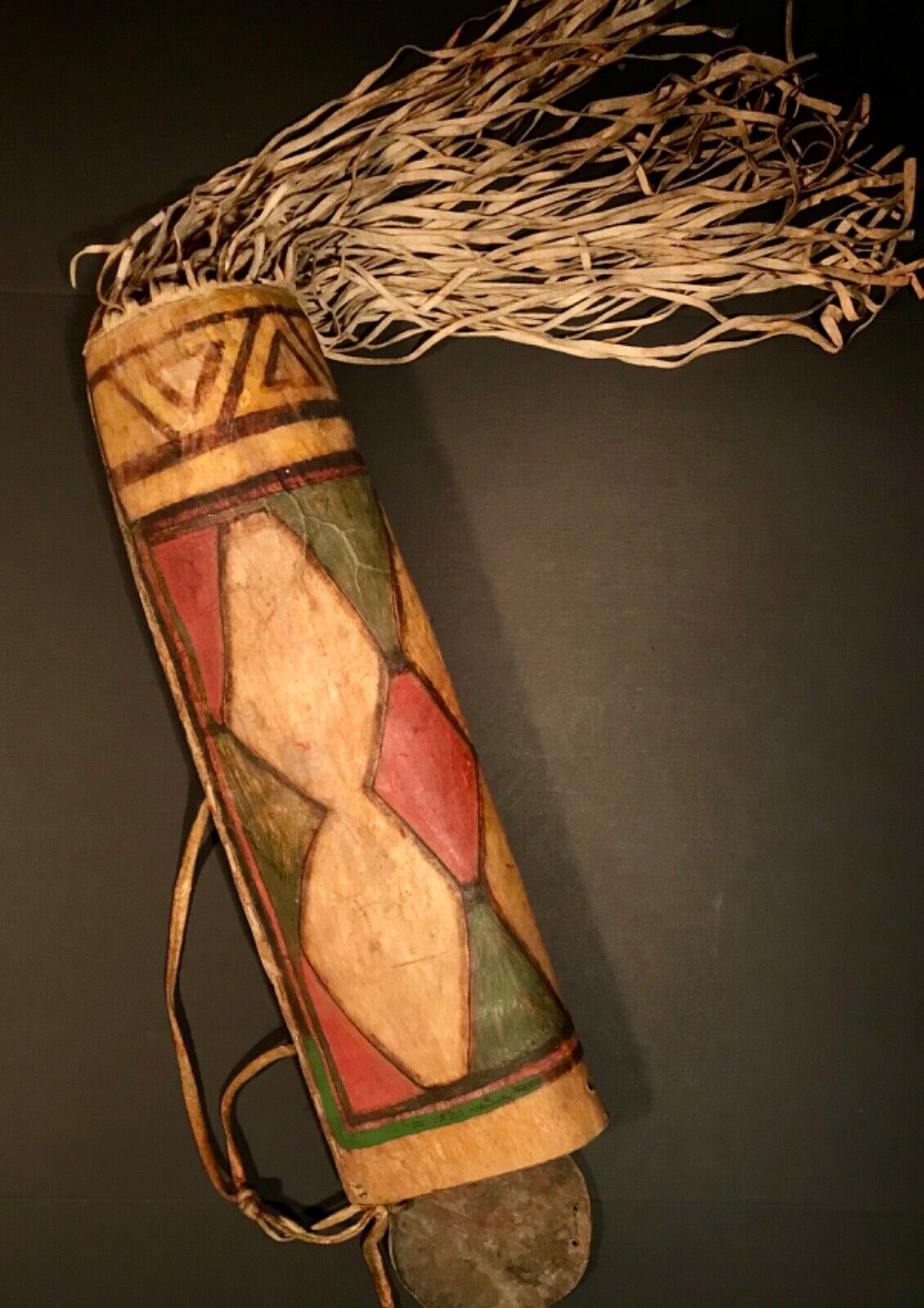 EXCEPTIONAL LATE 19TH C PLAINS PAINTED PARFLECHE FRINGED CYLINDRICAL CONTAINER