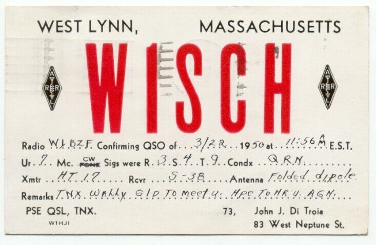 West Lynn MA c1950 QSL Amateur Radio Card Postcard Massachusetts