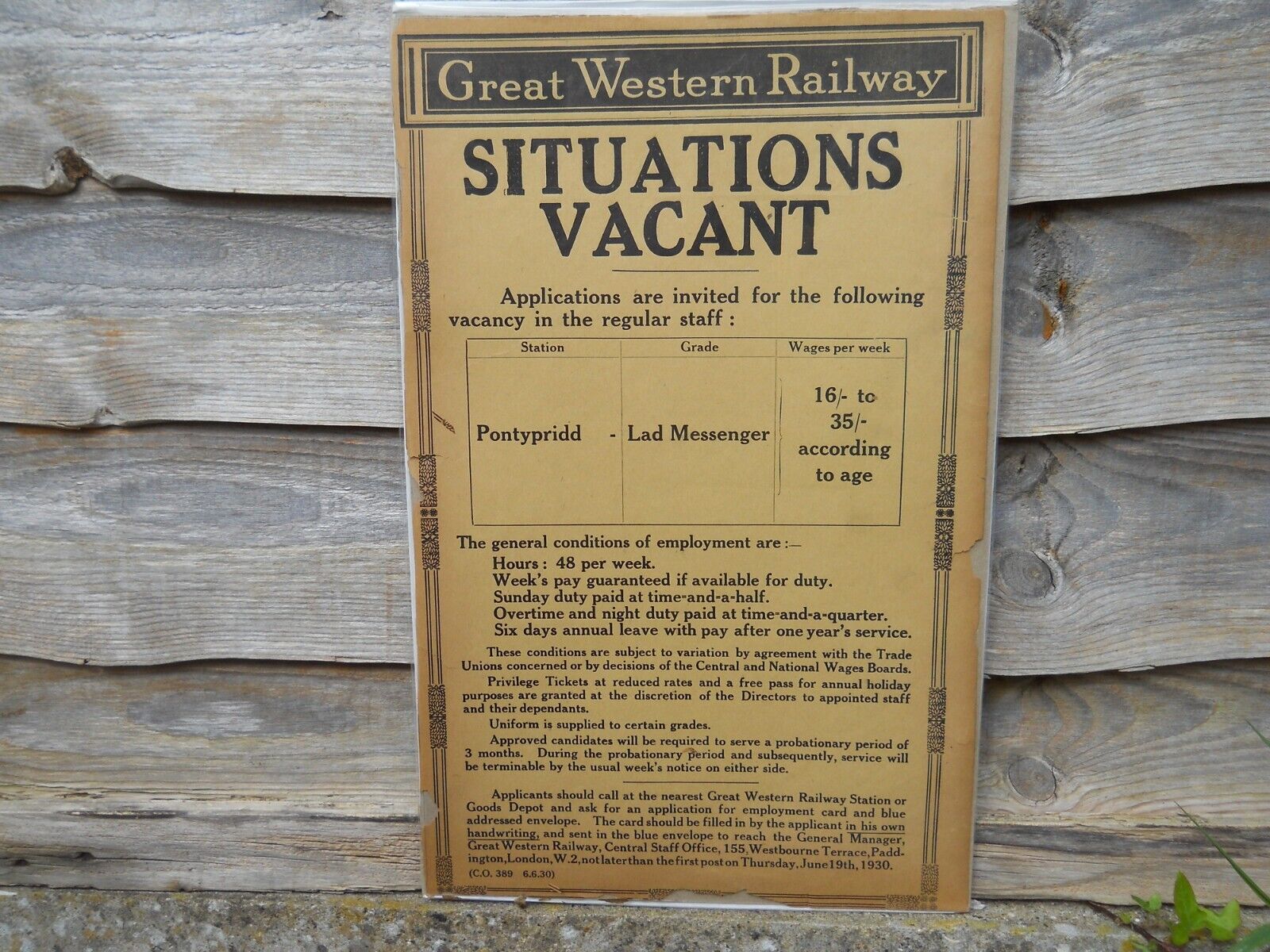 Original GWR Situations Vacant Poster,  \'Lad Messenger\'  Pontypridd,  June 1930