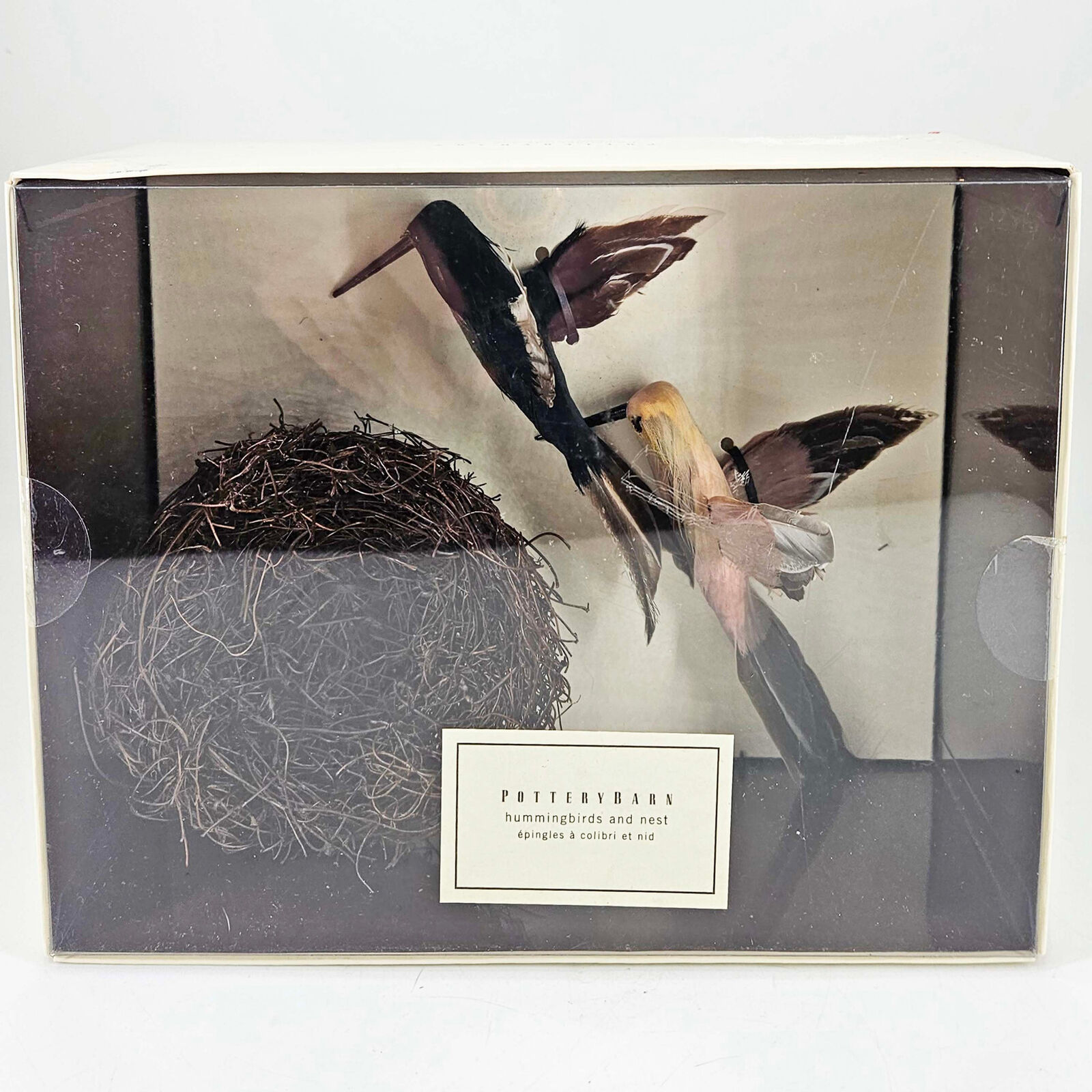 Pottery Barn hand dyed faux hummingbirds and nest shadowbox craft decoration