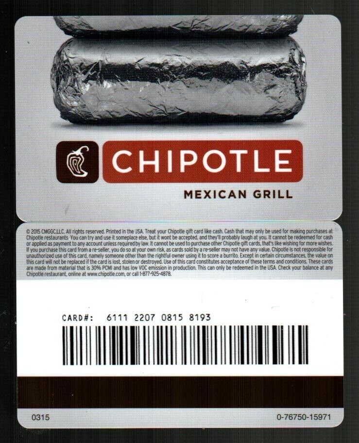 CHIPOTLE Stack of Burritos 2015 Gift Card ( $0 ) 