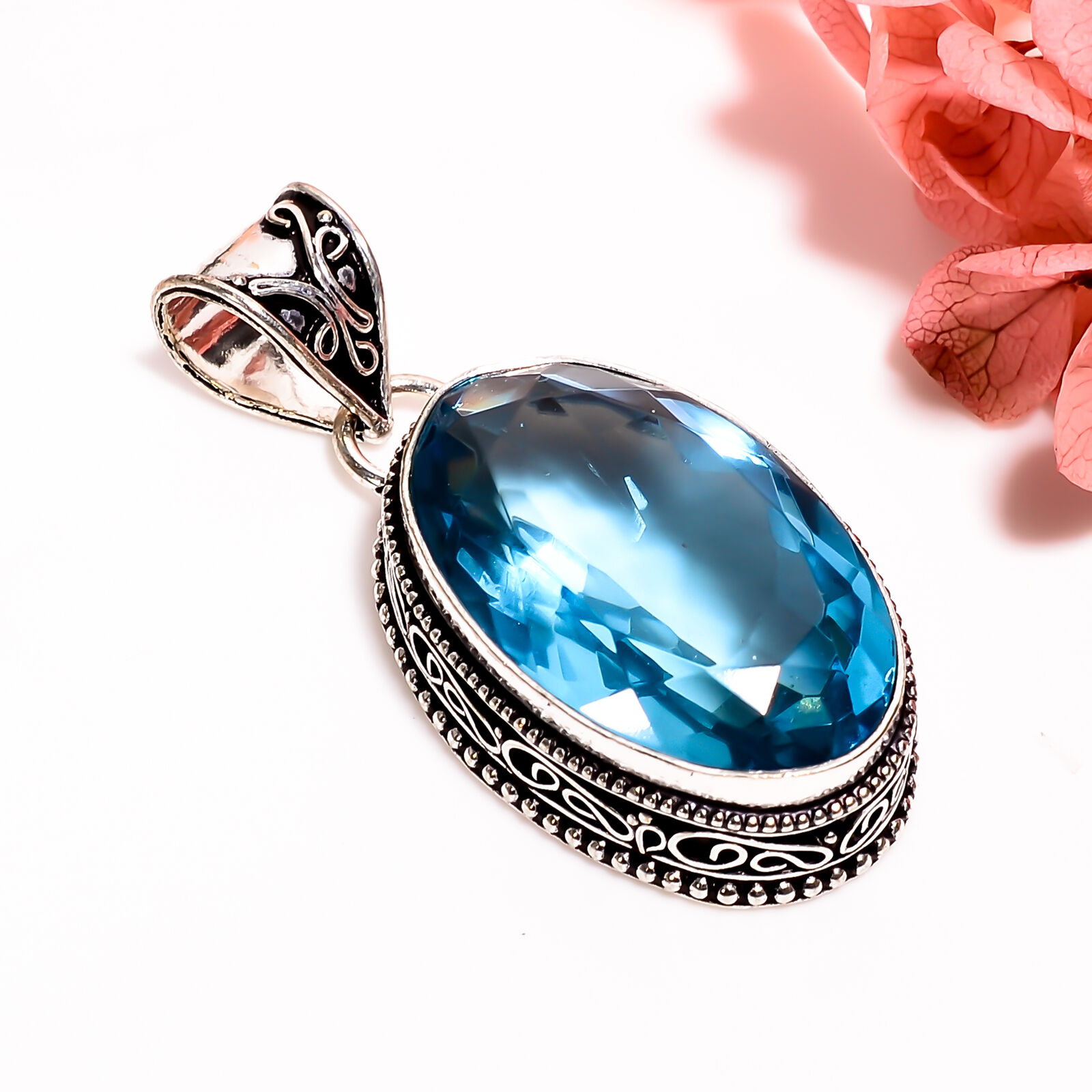 Blue Apatite Vintage Handmade Jewelry.925 Silver Plated Pendant 1.8\