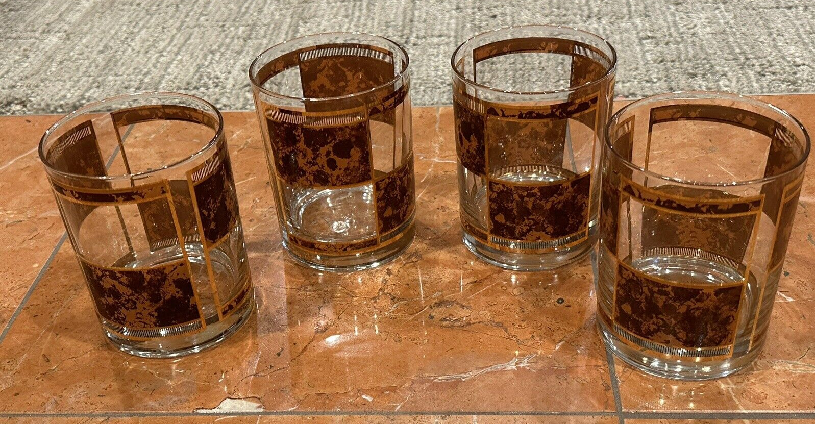 GEORGES BRIARD DOUBLE OLD FASHIONED WINDOW PANE GLASSES SET 4 BROWN GOLD LN