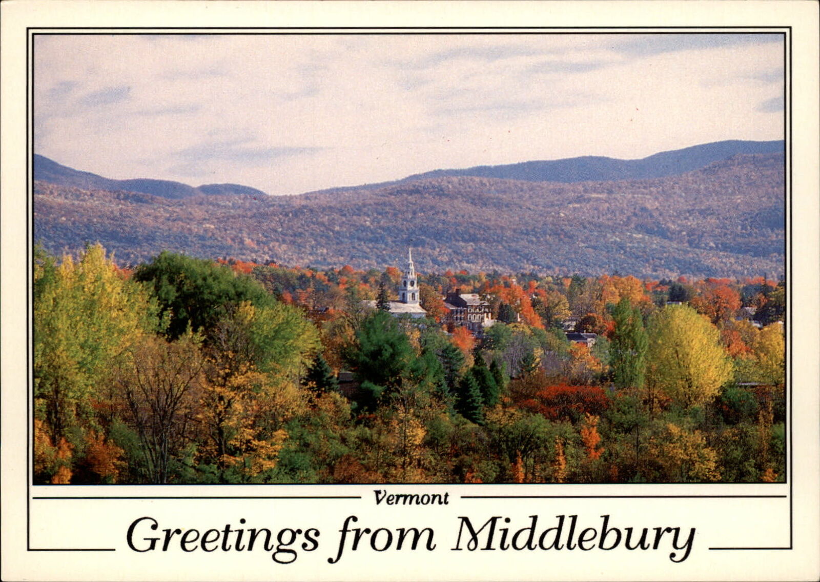 Middlebury Vermont Greetings church town autumn foliage unused vintage postcard